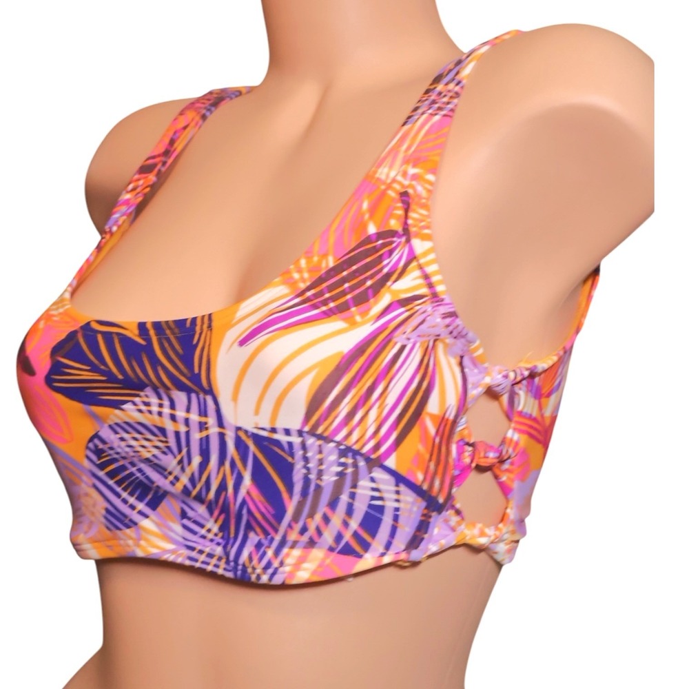 NWT Large Tropical Palm Print Longline Bikini Top Side Cutout Festival Beach